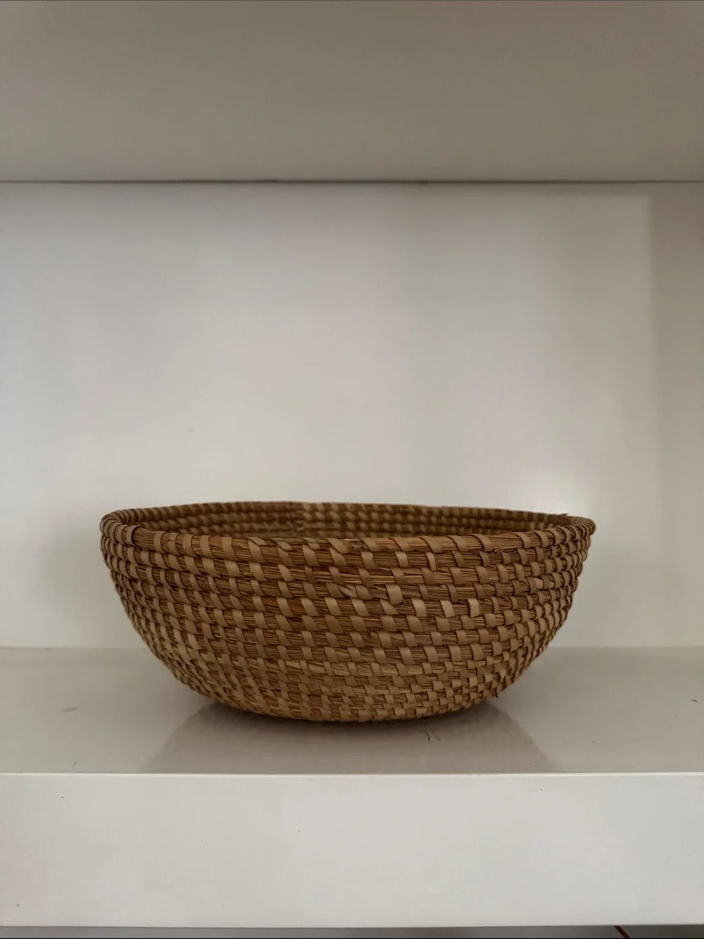 Vintage Handwoven Straw Basket Coiled Shallow Bowl Boho Decor